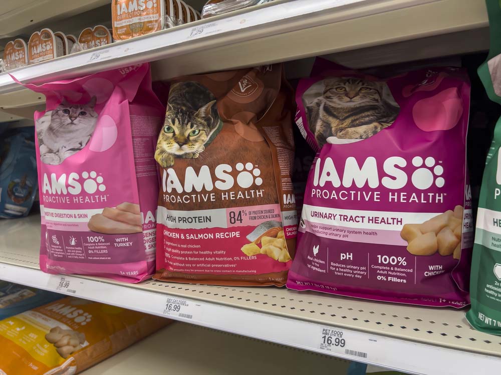 Iams pet food on a supermarket shelf