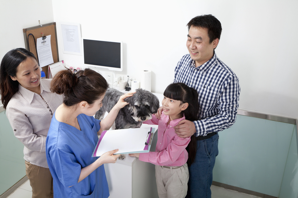 Finder and family with a dog at a veterinary office