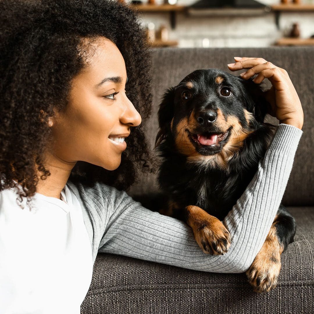 Woman With Her Dog On The Couch
